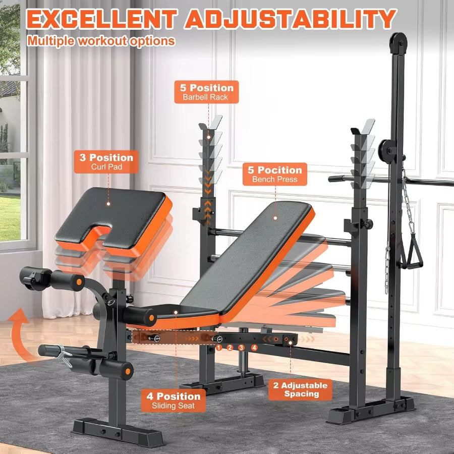 800Lbs 8-In-1 Adjustable Weight Bench for Home Gym: Multi-Function Strength Trainer with Lat Pulldown Leg Extension/Curl Barbel