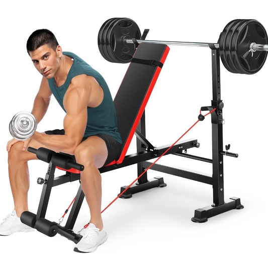 Foldable , Adjustable Weight Bench Set with Barbell Rack Removable Foot Catch for Incline Flat Decline Sit up Bench Press Set for Full Body Exercise