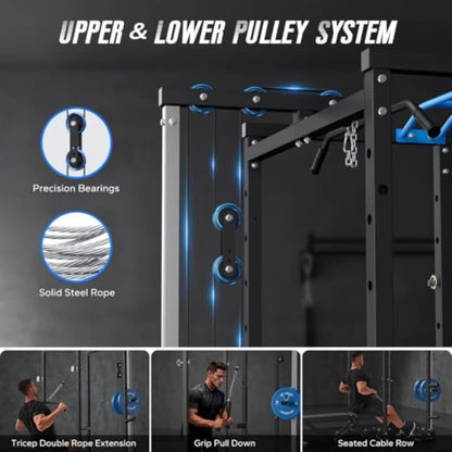Power Cage Multifunctional Squat Rack for Home Gym with Cable Crossover System 1600LBS Weight Capacity Strength Training Equipm