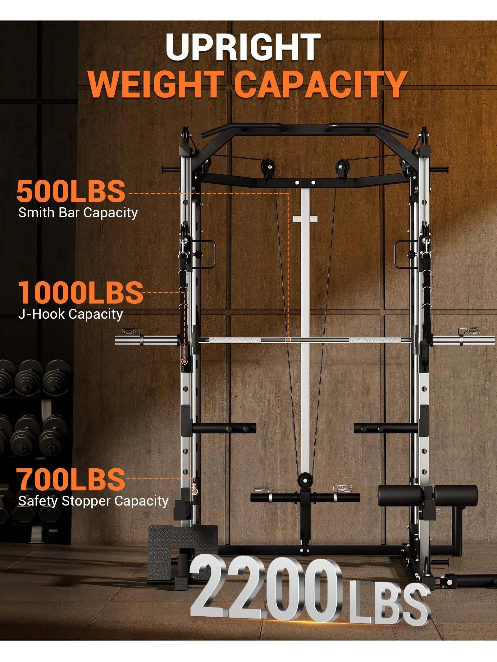 Smith Machine, 2200Lbs Squat Rack with Duable Cable & Lat-Pull down System, Multi-Function Squat Rack Power Cage for Home Gym, Training Equipment with Leg Hold-Down Attachment
