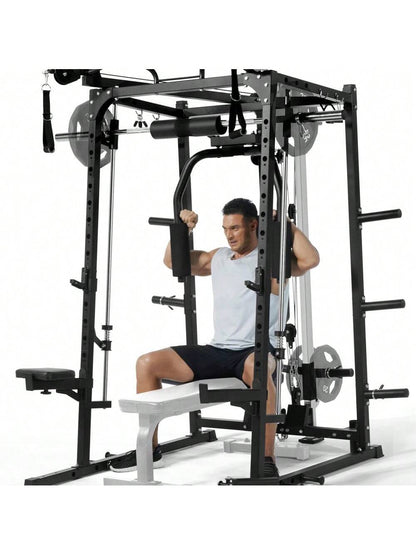Smith Machine, 2000LBS Power Rack with Smith Bar, Cable Crossover Machine and Chest Station Machine for Home Gym, Multifunctional Home Gym System with LAT Pulldown System and More Attachment