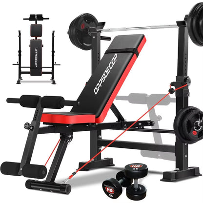 600LBS 6 in 1 Adjustable Weight Bench Set with Incline Decline Flat Sit-Up Function and Squat Rack Foldable Home Gym Workout Be