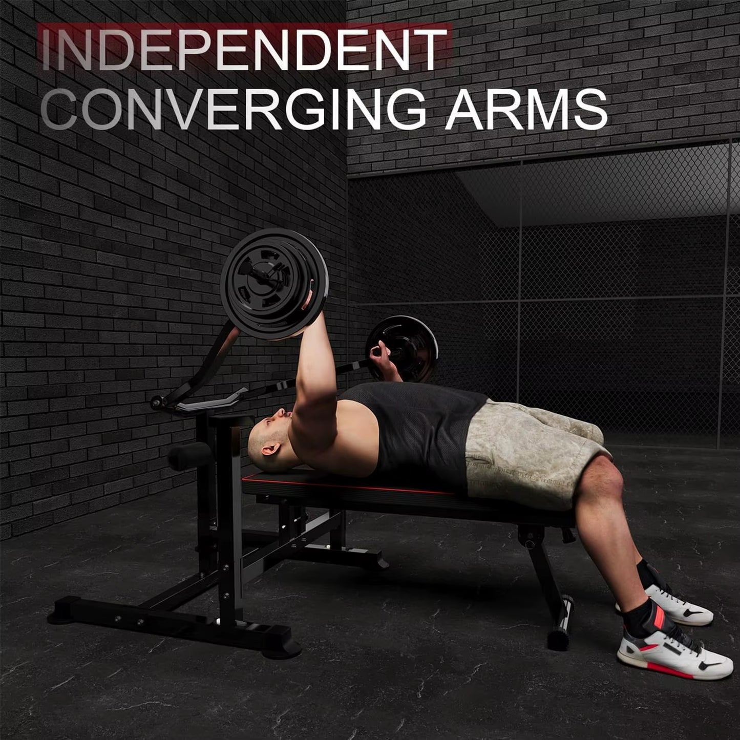 Bench Press Set Chest Press Machine with Independent Converging Arms Adjustable Flat Incline Bench Press with Dumbbell Rack For