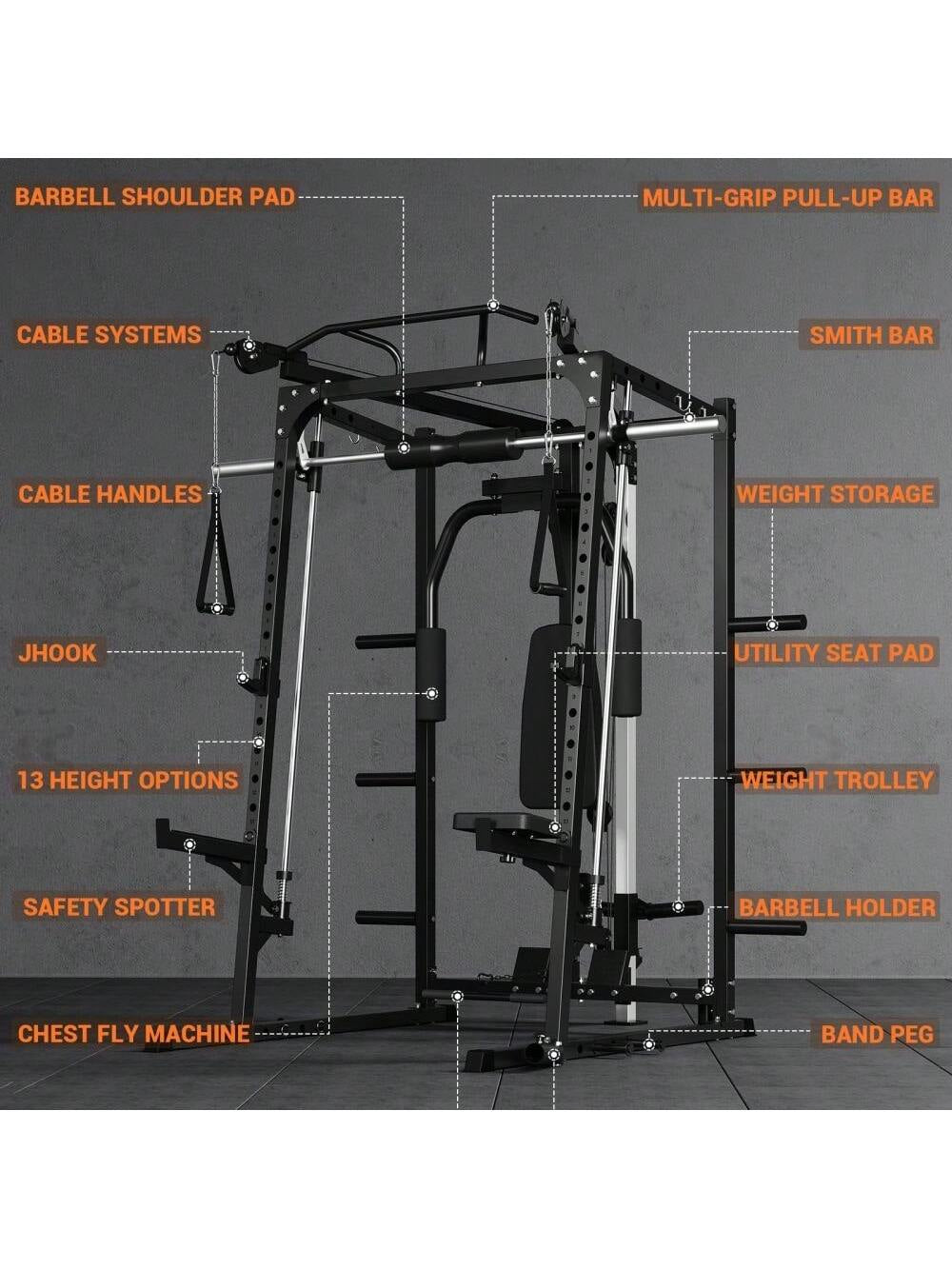 Smith Machine, 2000LBS Power Rack with Smith Bar, Cable Crossover Machine and Chest Station Machine for Home Gym, Multifunctional Home Gym System with LAT Pulldown System and More Attachment