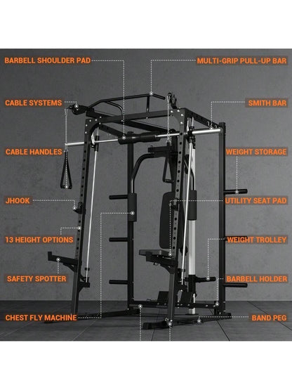 Smith Machine, 2000LBS Power Rack with Smith Bar, Cable Crossover Machine and Chest Station Machine for Home Gym, Multifunctional Home Gym System with LAT Pulldown System and More Attachment
