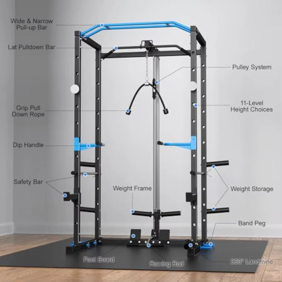 Power Cage Multifunctional Squat Rack for Home Gym with Cable Crossover System 1600LBS Weight Capacity Strength Training Equipm