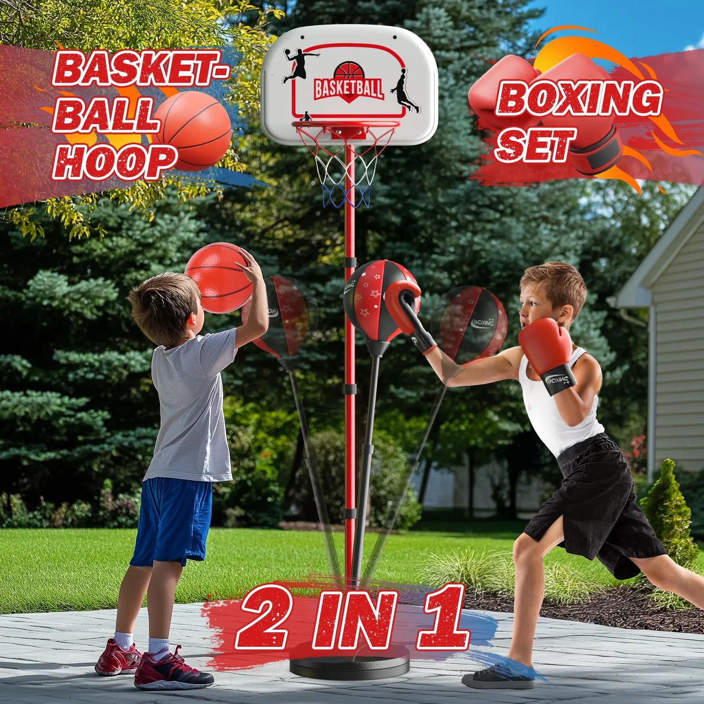 2 in 1 Kids Basketball Hoop and Punching Bag, Adjustable Stand with Boxing Gloves & 2 Balls, Toddler Basketball Hoop and Boxing Bag Set Toy for Outdoor Indoor Sports Games