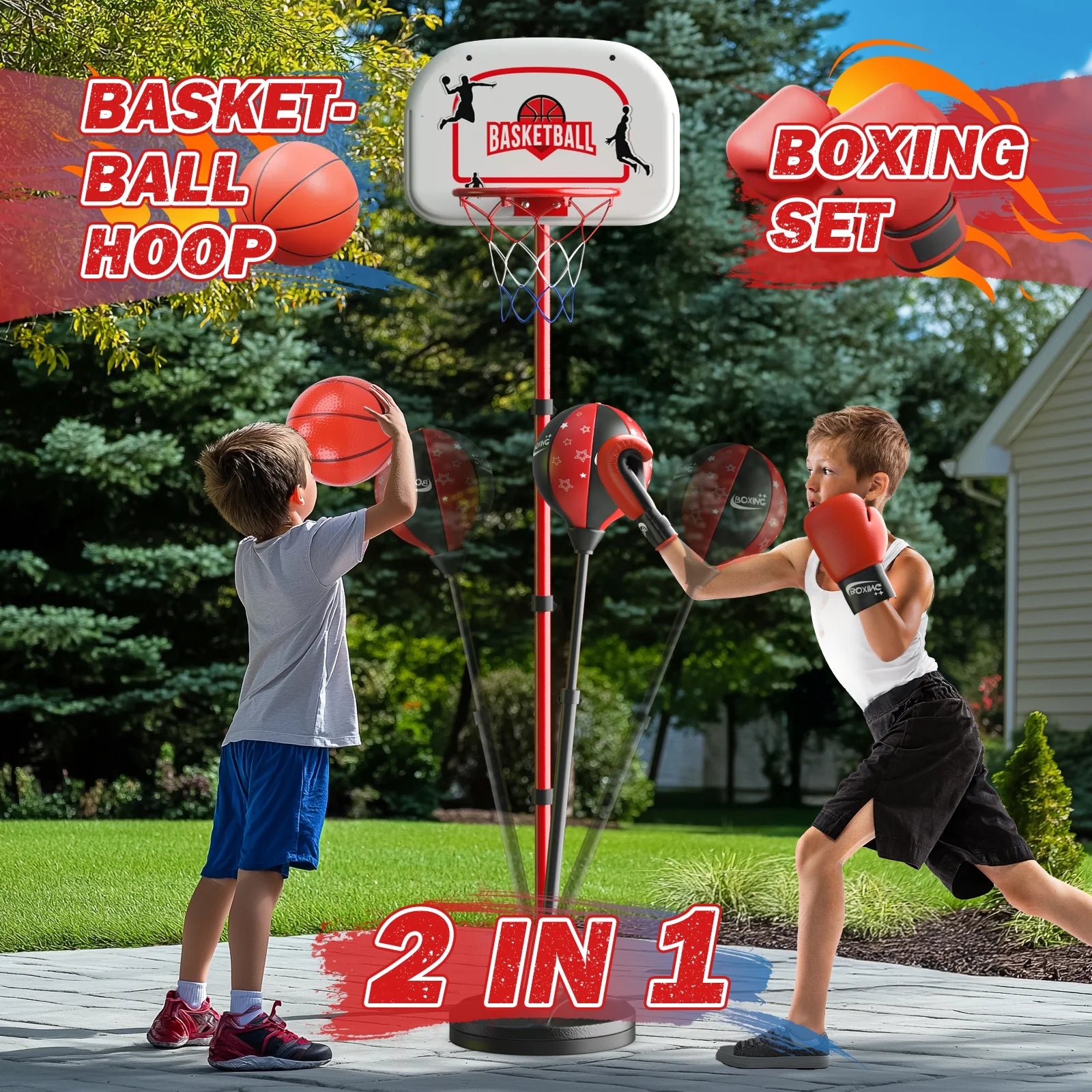 2 in 1 Kids Basketball Hoop and Punching Bag, Adjustable Stand with Boxing Gloves & 2 Balls, Toddler Basketball Hoop and Boxing Bag Set Toy for Outdoor Indoor Sports Games