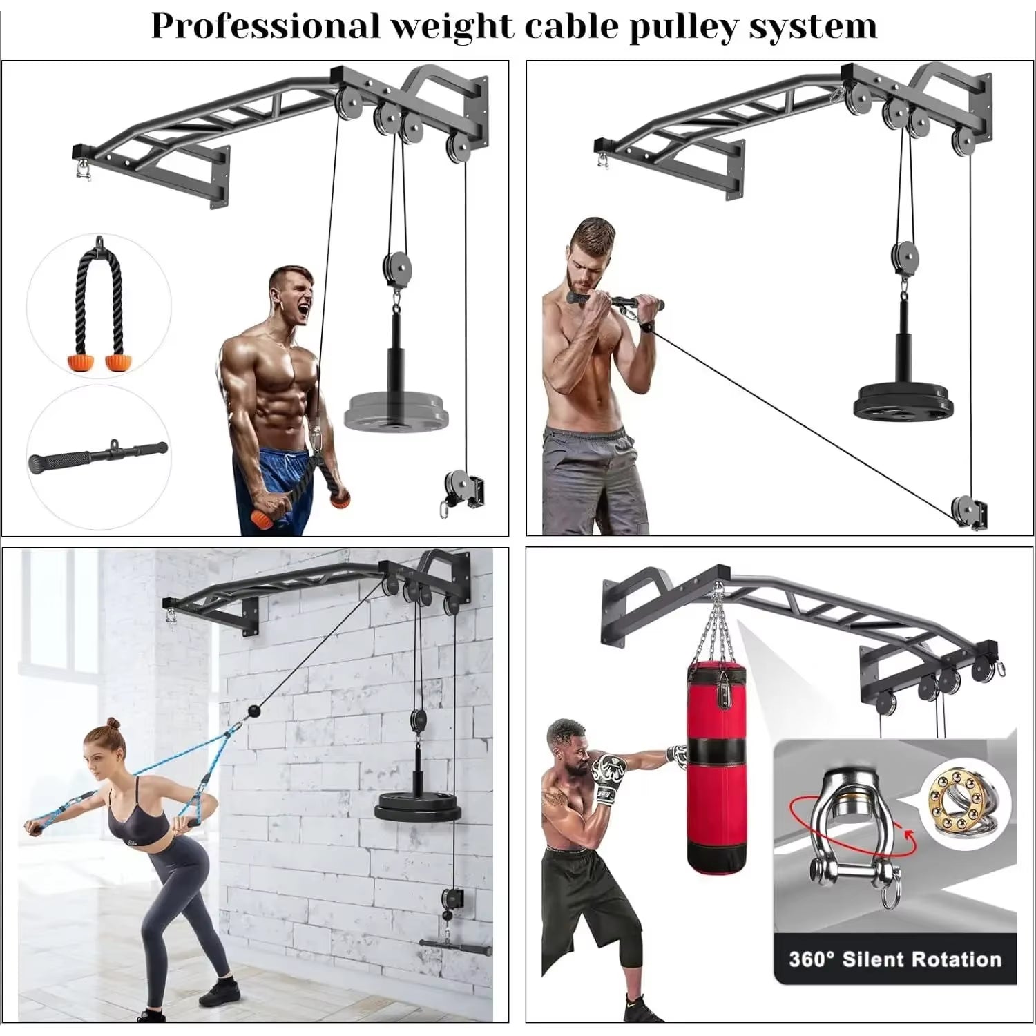 YOU-48'' Heavy Duty Pull up Bar Wall Mount Multi-Function Chin up Bar with Home Gym Cable Pulley System LAT Pulldown Workout