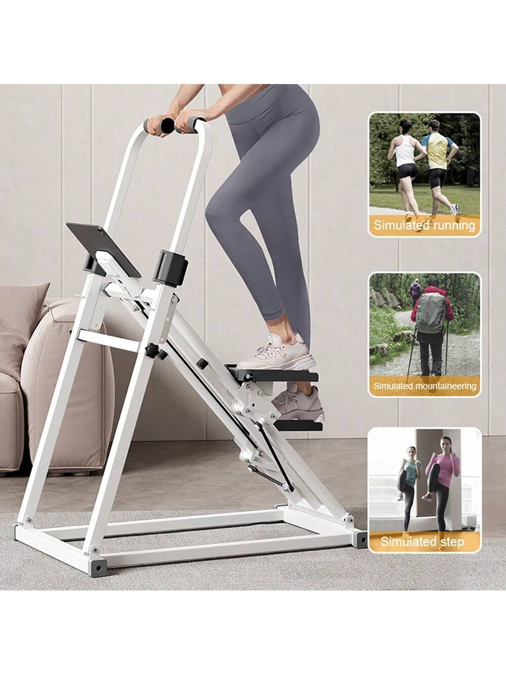 Home Fitness Vertical Climbing Machine - Adjustable Stride Folding Stair Treads, with Handle and Foot Pedals, Full-Body Exercise Equipment, Battery-Powered (No Battery Included) - White, Ideal Family Gift, Stylish Modern Design, Safe Foot Pedals