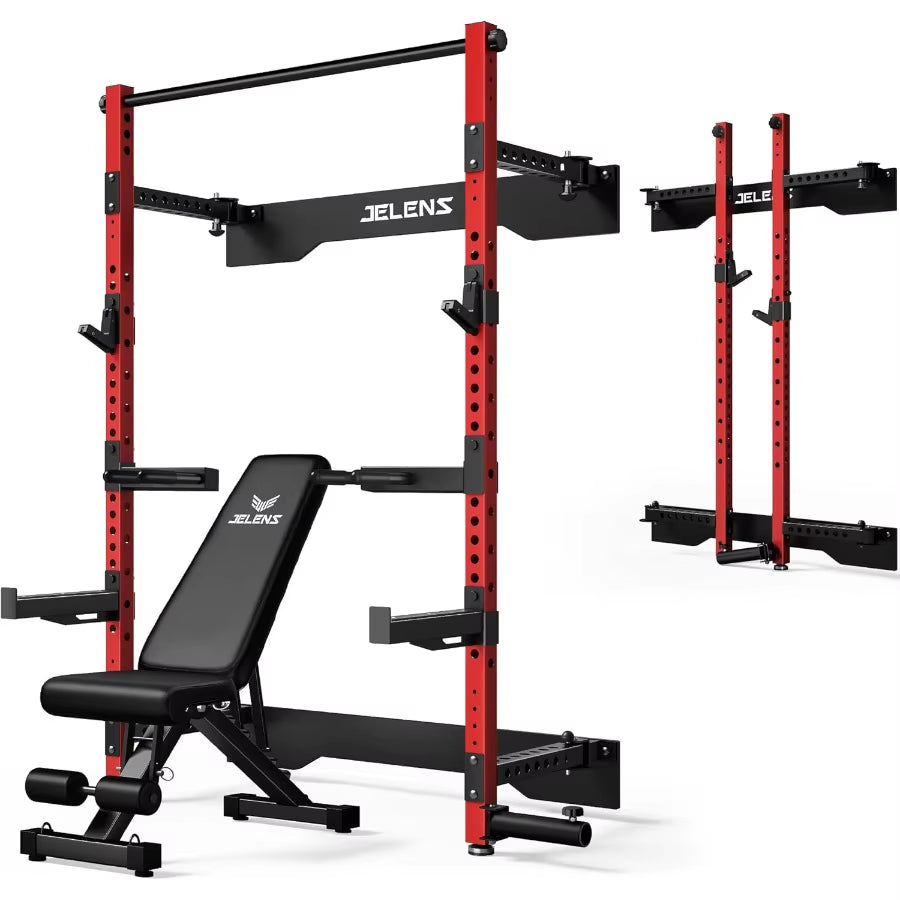 Wall Mounted Folding Squat Rack for Home Gym: Spacesaving Multifunctional Power Cage with Attachments for Strength Training Adj