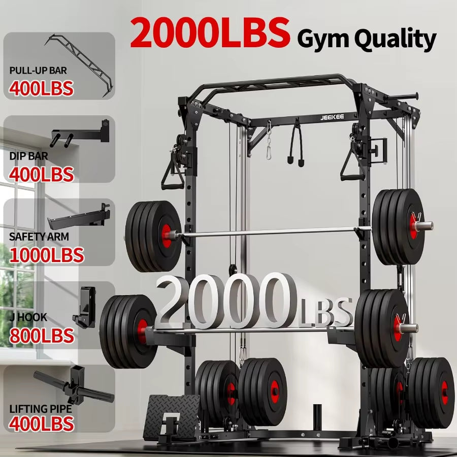 Power Cage2000Lbs Multifunction Squat Rack 2000Lbs Power Rack with Cable Crossover System and 20+ Attachments