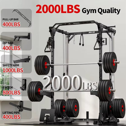 Power Cage2000Lbs Multifunction Squat Rack 2000Lbs Power Rack with Cable Crossover System and 20+ Attachments