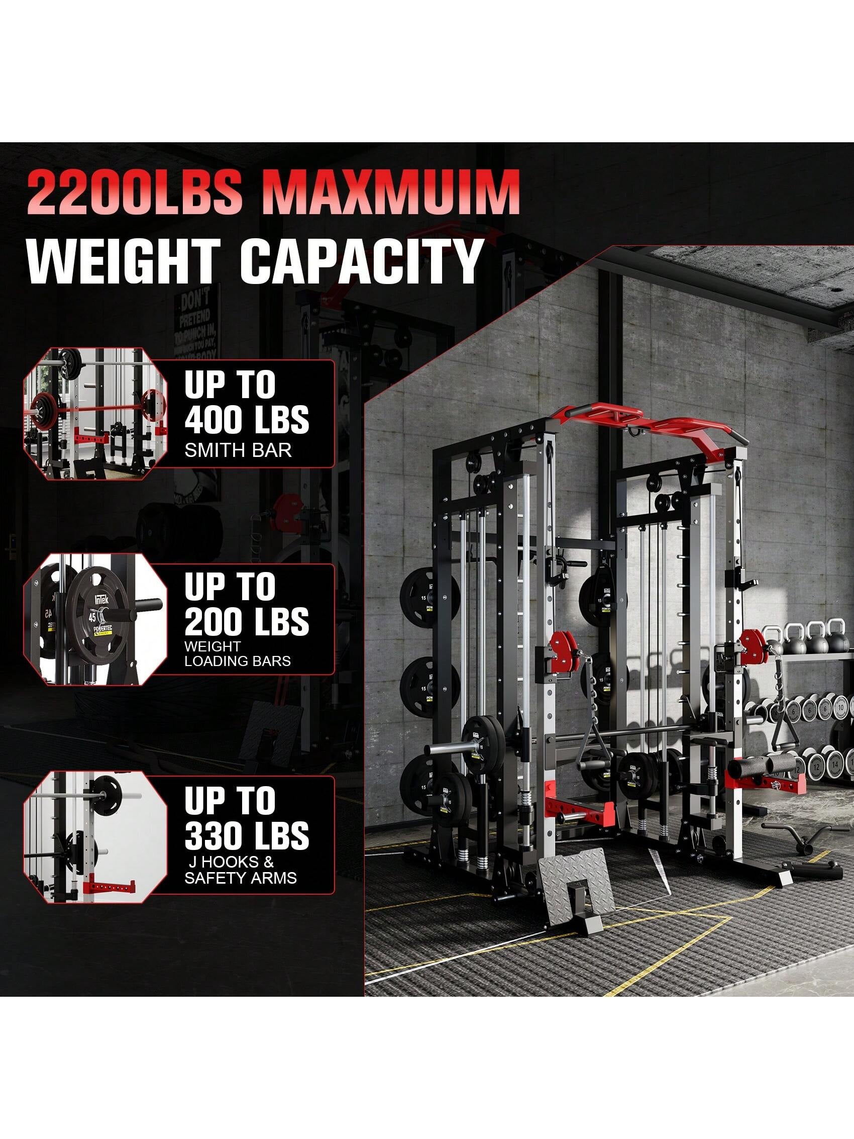 Smith Machine - 2200Lbs Squat Rack Home Gym with Lat-Pull down System & Cable Crossover Machine - Training Equipment with Leg Hold-Down Attachment
