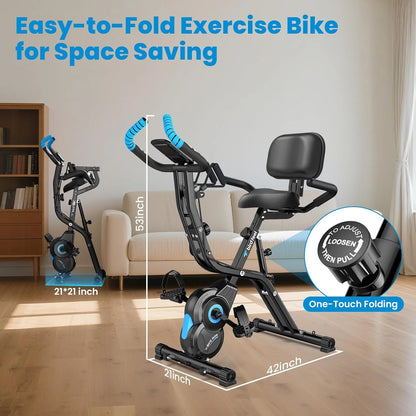 Folding Magnetic Exercise Bike with Massage Backrest Foldable Fitness Indoor Cycling X Bikes Upright Stationary Bicycle 300Lb
