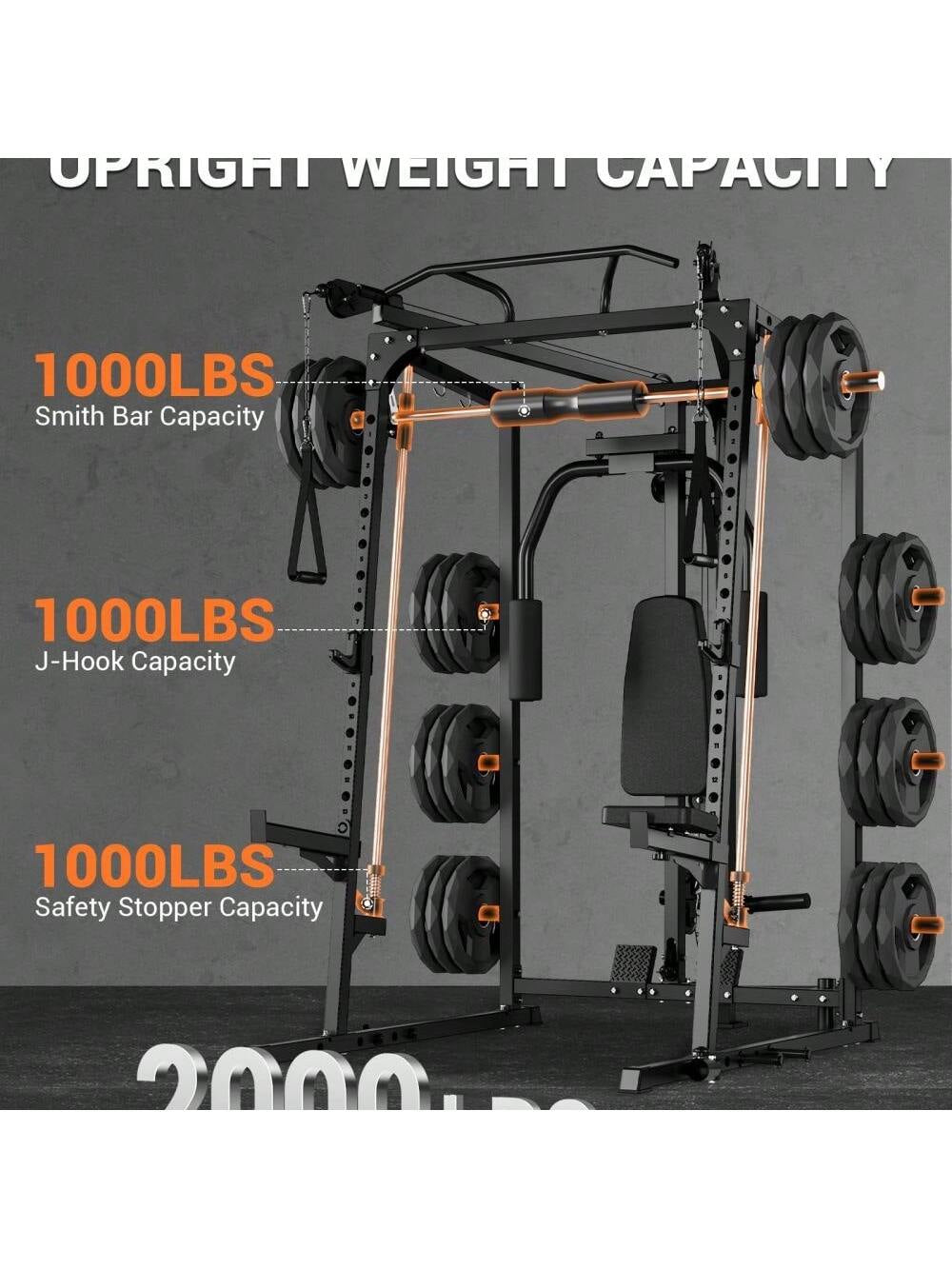 Smith Machine, 2000LBS Power Rack with Smith Bar, Cable Crossover Machine and Chest Station Machine for Home Gym, Multifunctional Home Gym System with LAT Pulldown System and More Attachment