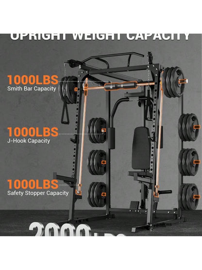 Smith Machine, 2000LBS Power Rack with Smith Bar, Cable Crossover Machine and Chest Station Machine for Home Gym, Multifunctional Home Gym System with LAT Pulldown System and More Attachment