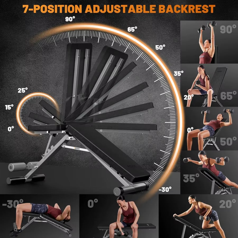 Folding Utility Weight Bench with Adjustable Backrest and 7 Incline Positions 3 Seat Settings for Compact Home Gym Space Ideal