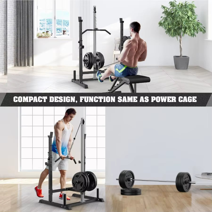 Power Rack with LAT Pulldown Pulley System Adjustable Multifunctional Squat Rack Power Cage with Jhooks Home Gym