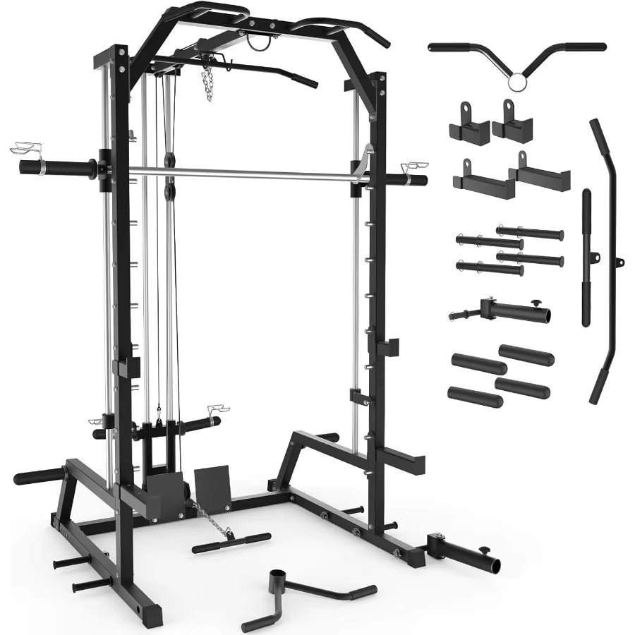 Smith Machine Power Rack with LAT Pulldown System Power Cage with Cable System Squat Rack for Home Gym with Chest Press Machine