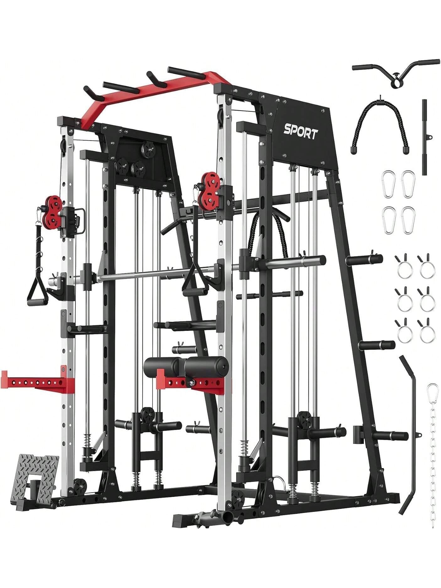 Ataucjin Smith Machine Home Gym All in One, 2200LBS Squat Rack Power Cage Workout Equipment with Smith Bar, LAT Pull-Down Systems, Cable 1, Leg Hold-Down and More Attachments(Ship in 4 Boxes)