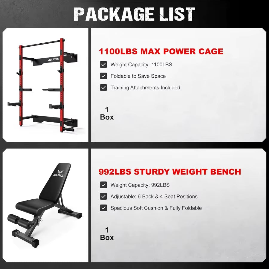 Wall Mounted Folding Squat Rack for Home Gym: Spacesaving Multifunctional Power Cage with Attachments for Strength Training Adj