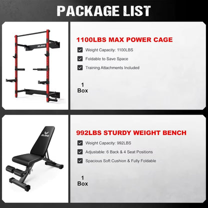 Wall Mounted Folding Squat Rack for Home Gym: Spacesaving Multifunctional Power Cage with Attachments for Strength Training Adj