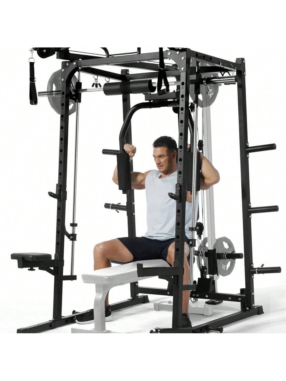 Smith Machine, 2000LBS Power Rack with Smith Bar, Cable Crossover Machine and Chest Station Machine for Home Gym, Multifunctional Home Gym System with LAT Pulldown System and More Attachment