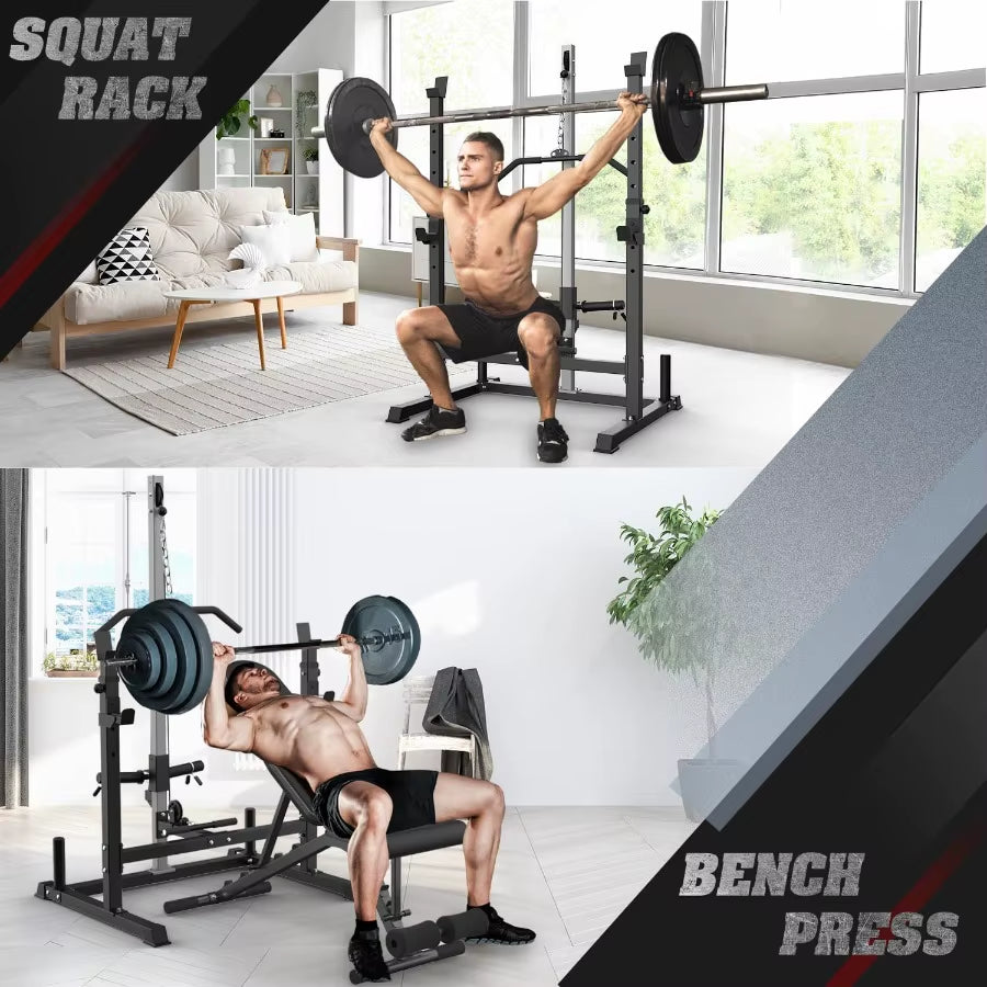 Power Rack with LAT Pulldown Pulley System Adjustable Multifunctional Squat Rack Power Cage with Jhooks Home Gym