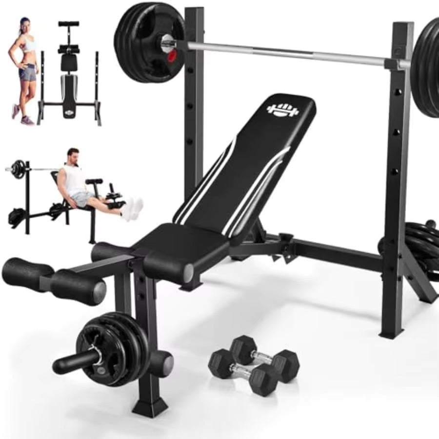 Adjustable Weight Bench Set with Squat Rack for Home Gym Strength Training: 900LBS Capacity Multi-Function Bench Press with Leg