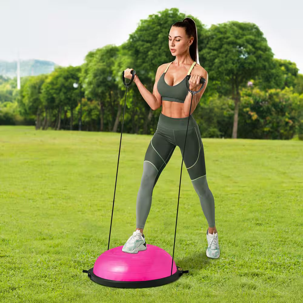 Half Exercise Ball Trainer 26 In. Balance Ball Trainer 1500Lbs Capacity Stability Ball Yoga Ball with Bands Pink