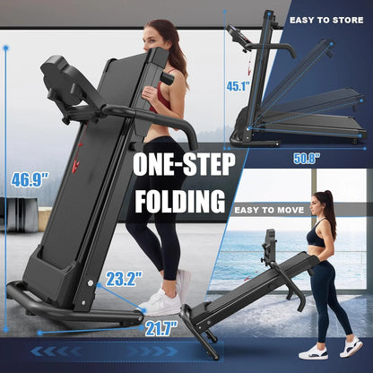 Folding Treadmill with LED Display, Fitness Workout Exercise Machine W/App Control, 300 Lb Capacity, Shock-Absorbent Running Deck Walking Pad - Black