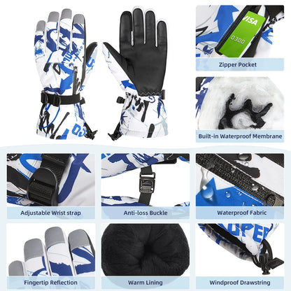 Boys Snowboard Sled Gloves Kids Touchscreen Snow Gloves Girls Windproof Winter Gloves Waterproof Snow Ski Gloves for Kids Graffiti Blue 7-10 Years
