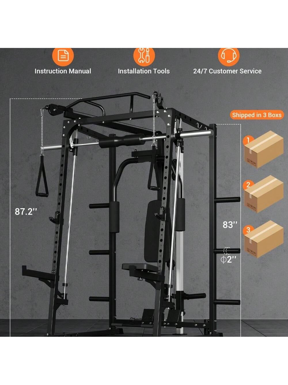 Smith Machine, 2000LBS Power Rack with Smith Bar, Cable Crossover Machine and Chest Station Machine for Home Gym, Multifunctional Home Gym System with LAT Pulldown System and More Attachment