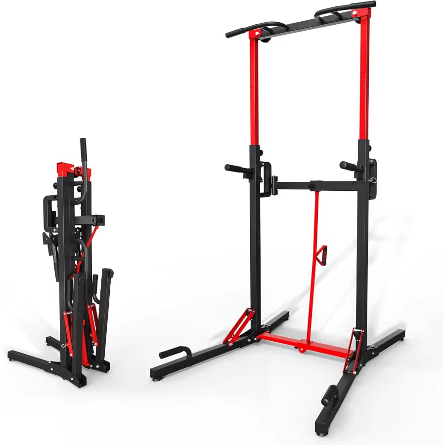 Foldable Power Tower Pull up Bar Station, Multi-Function Adjustable Height Dip Station for Home Gym Workout, Strength Training F
