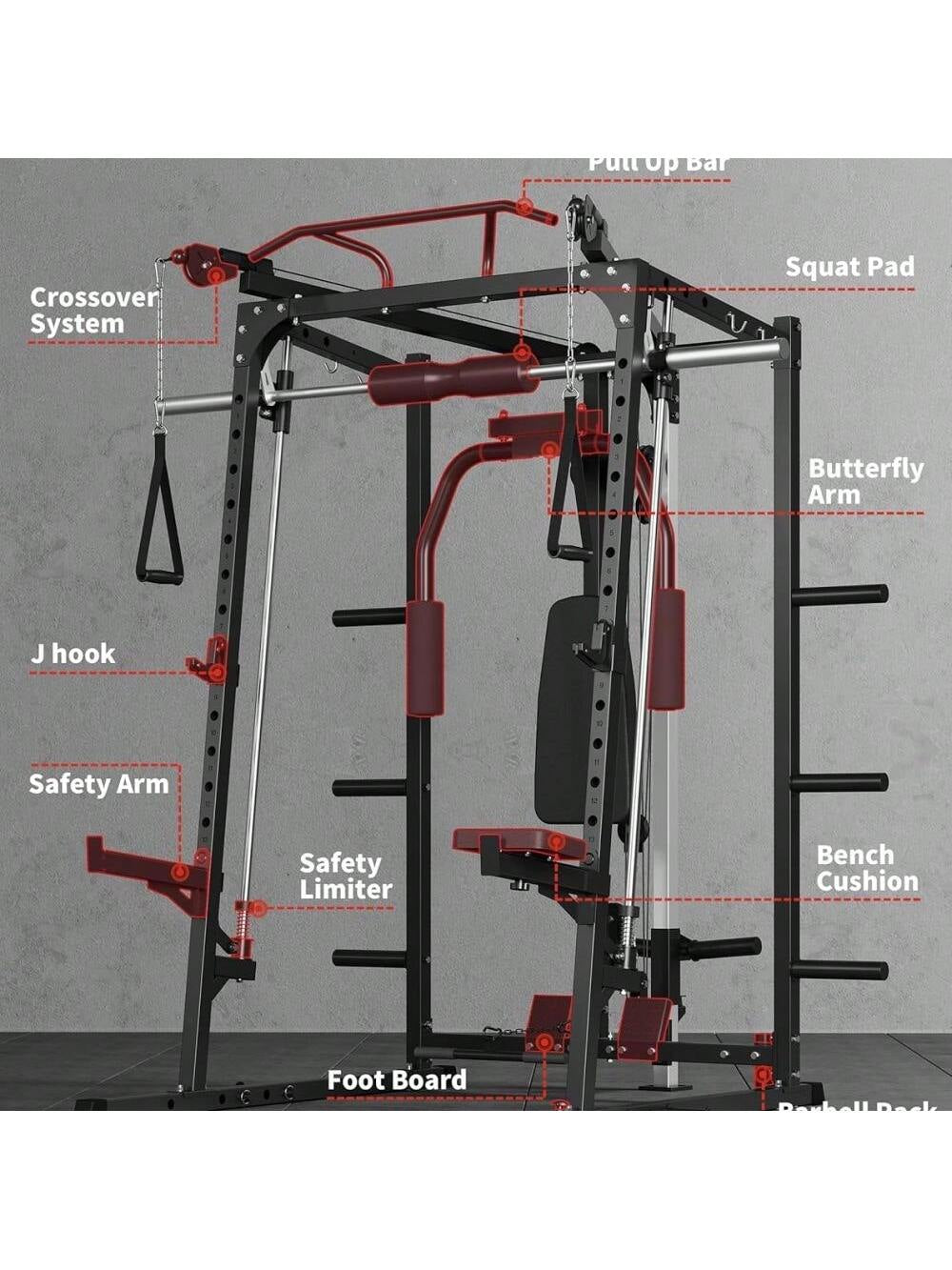 Smith Machine Multifunctional Power Cage, 2000 LBS Power Rack Smith Bar, Chest Station for Home Gym