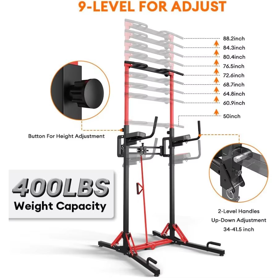 Foldable Power Tower Pull up Bar Station Multi-Function Adjustable Height Pull up Dip Station for Home Gym Workout Strength Tra