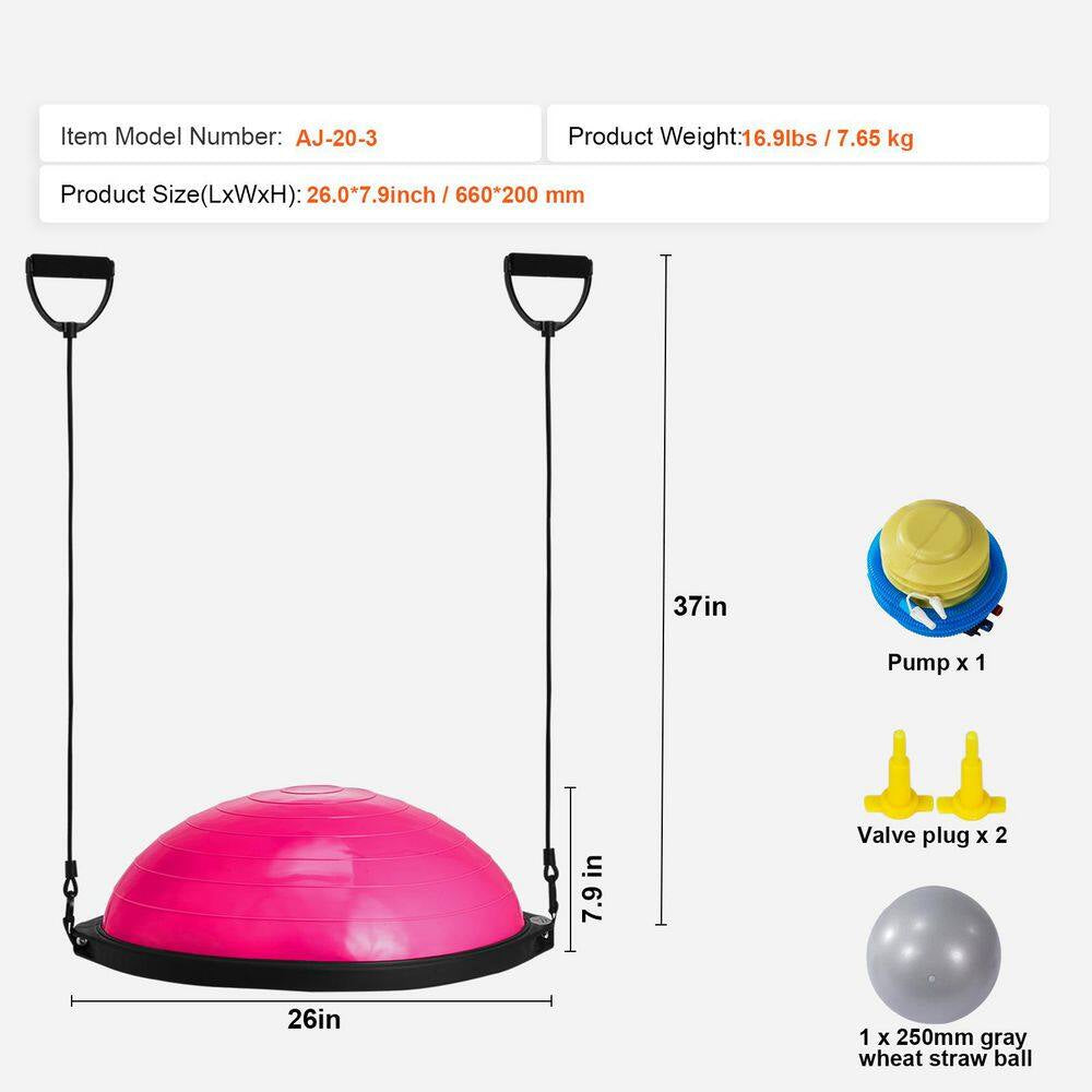 Half Exercise Ball Trainer 26 In. Balance Ball Trainer 1500Lbs Capacity Stability Ball Yoga Ball with Bands Pink