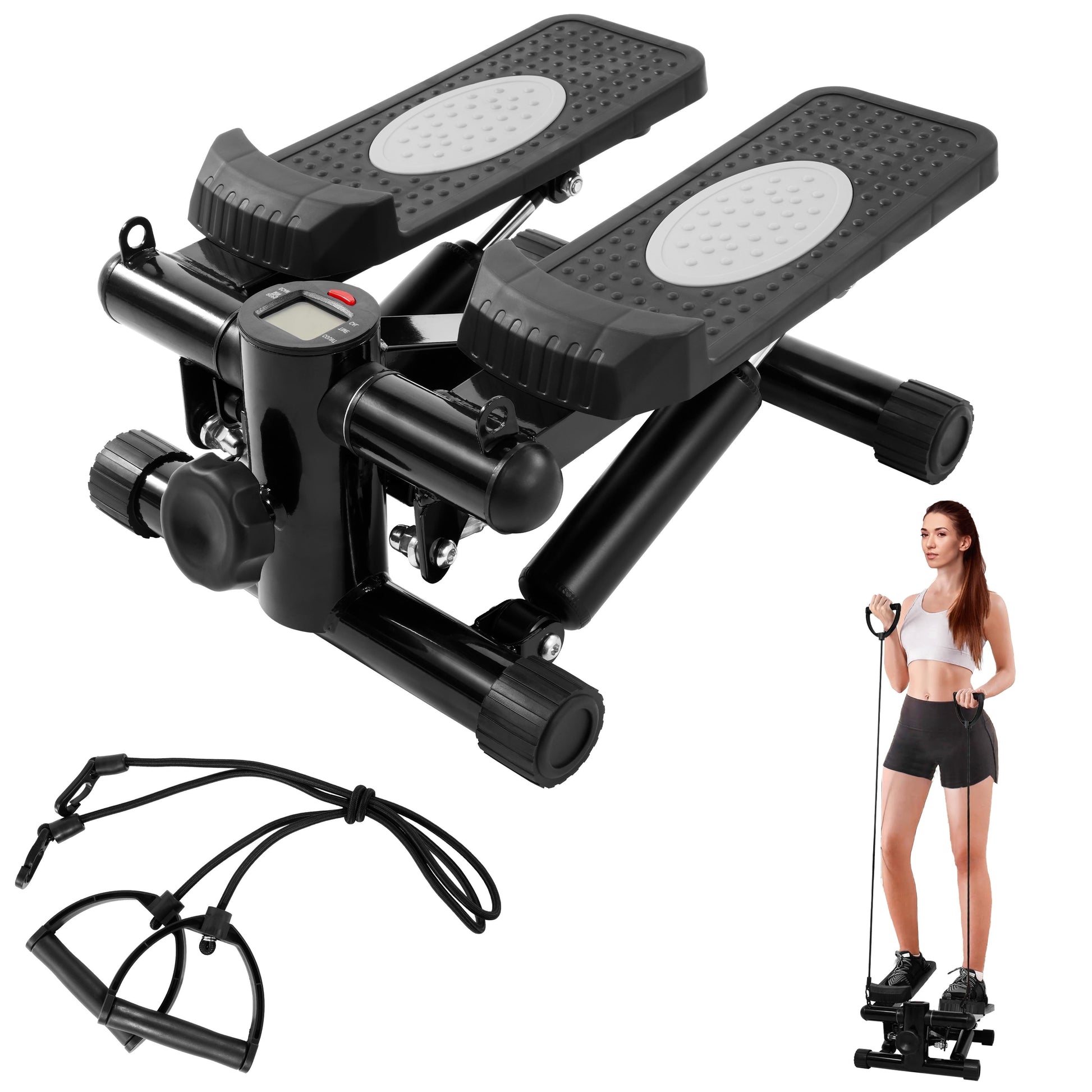 Mini Steppers, Stair Steeper with Resistance Bands, Portable Stepper Capable of Full-Body Exercise, Low Noise and Smooth, 300 Lbs Weight Capacity, Black/ Gray