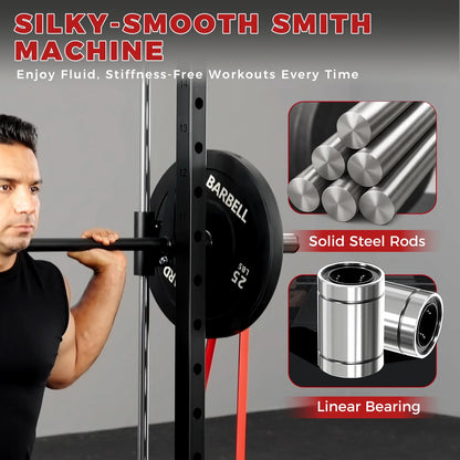 Smith Machine Home Gym, 1800 LBS Multi-Functional Squat Rack with Lat Pull down System, Workout Station with Weight Bar, Bend Peg and Other Functional Attachments