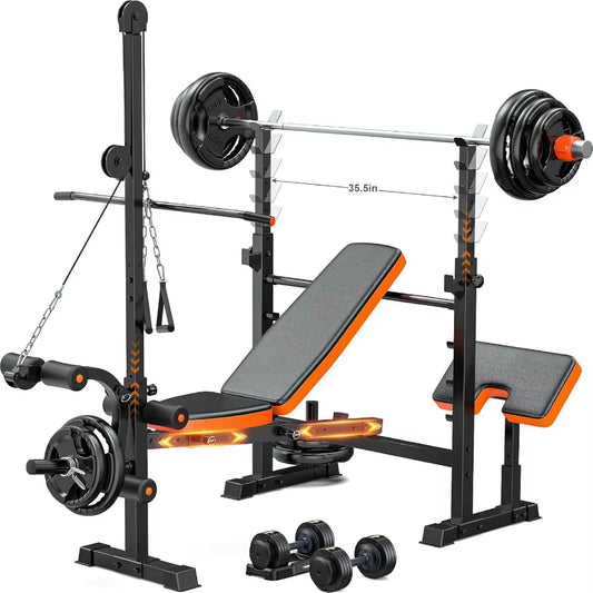 800Lbs 8-In-1 Adjustable Weight Bench for Home Gym: Multi-Function Strength Trainer with Lat Pulldown Leg Extension/Curl Barbel