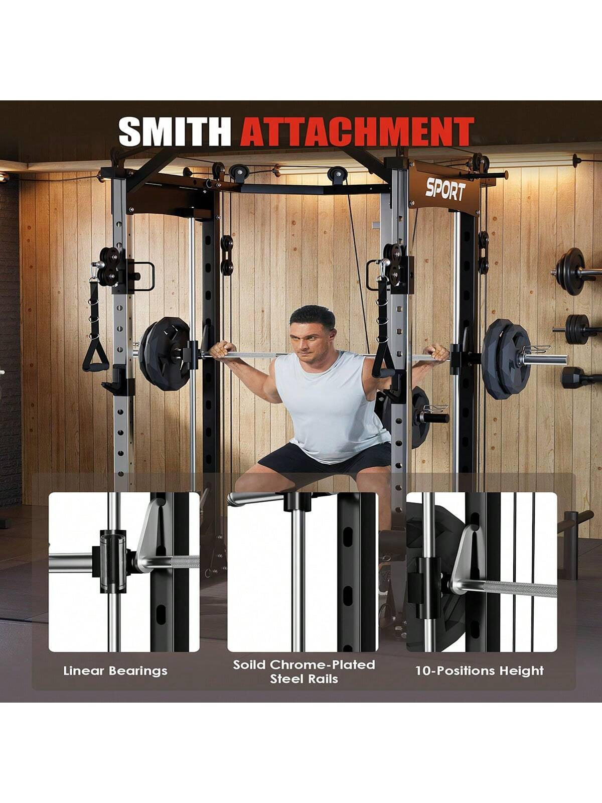 Ataucjin Smith Machine for Home Gym, Smith Machine with Cable Crossover Machine and Chest Station, All in One Home Gym System Power Rack for Garage(Ship in 3 Boxes)