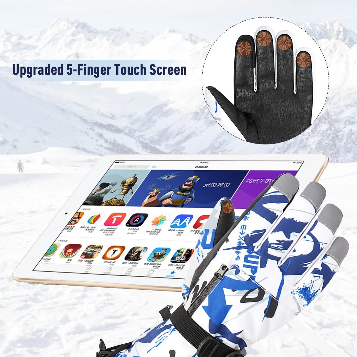 Boys Snowboard Sled Gloves Kids Touchscreen Snow Gloves Girls Windproof Winter Gloves Waterproof Snow Ski Gloves for Kids Graffiti Blue 7-10 Years