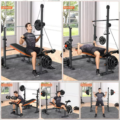 800Lbs 8-In-1 Adjustable Weight Bench for Home Gym: Multi-Function Strength Trainer with Lat Pulldown Leg Extension/Curl Barbel
