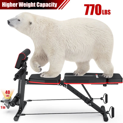7 Positions Adjustable Weight Bench with Extended Headrest and Leg Extension,Foldable Workout Bench Weight Bench Press for Full Body Strength Training,Maximum Weight 770 Lbs.