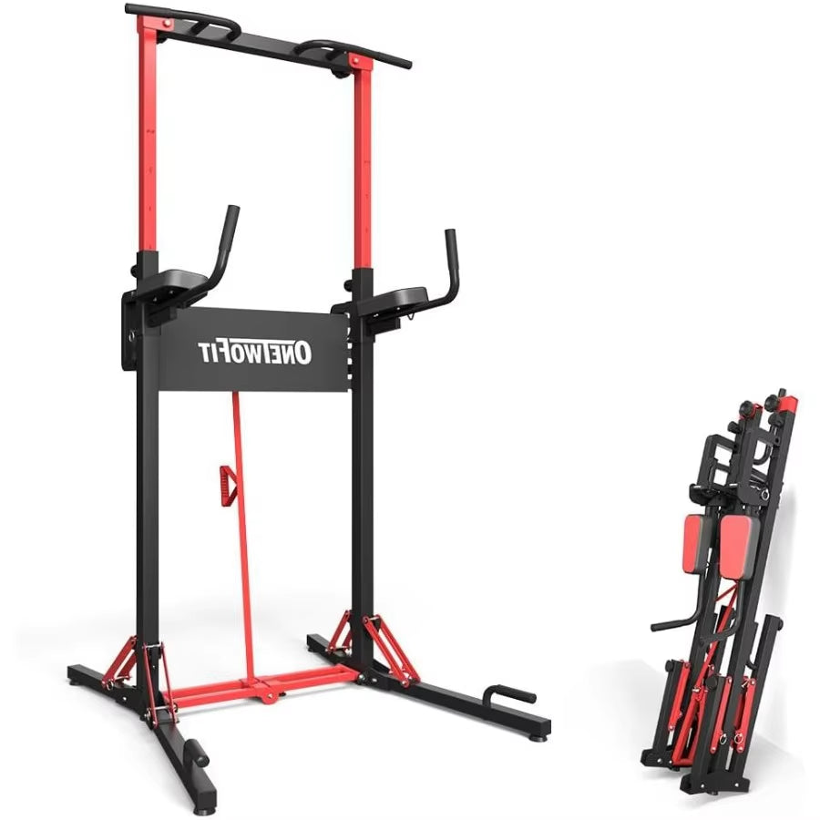 Foldable Power Tower Pull up Bar Station Multi-Function Adjustable Height Pull up Dip Station for Home Gym Workout Strength Tra