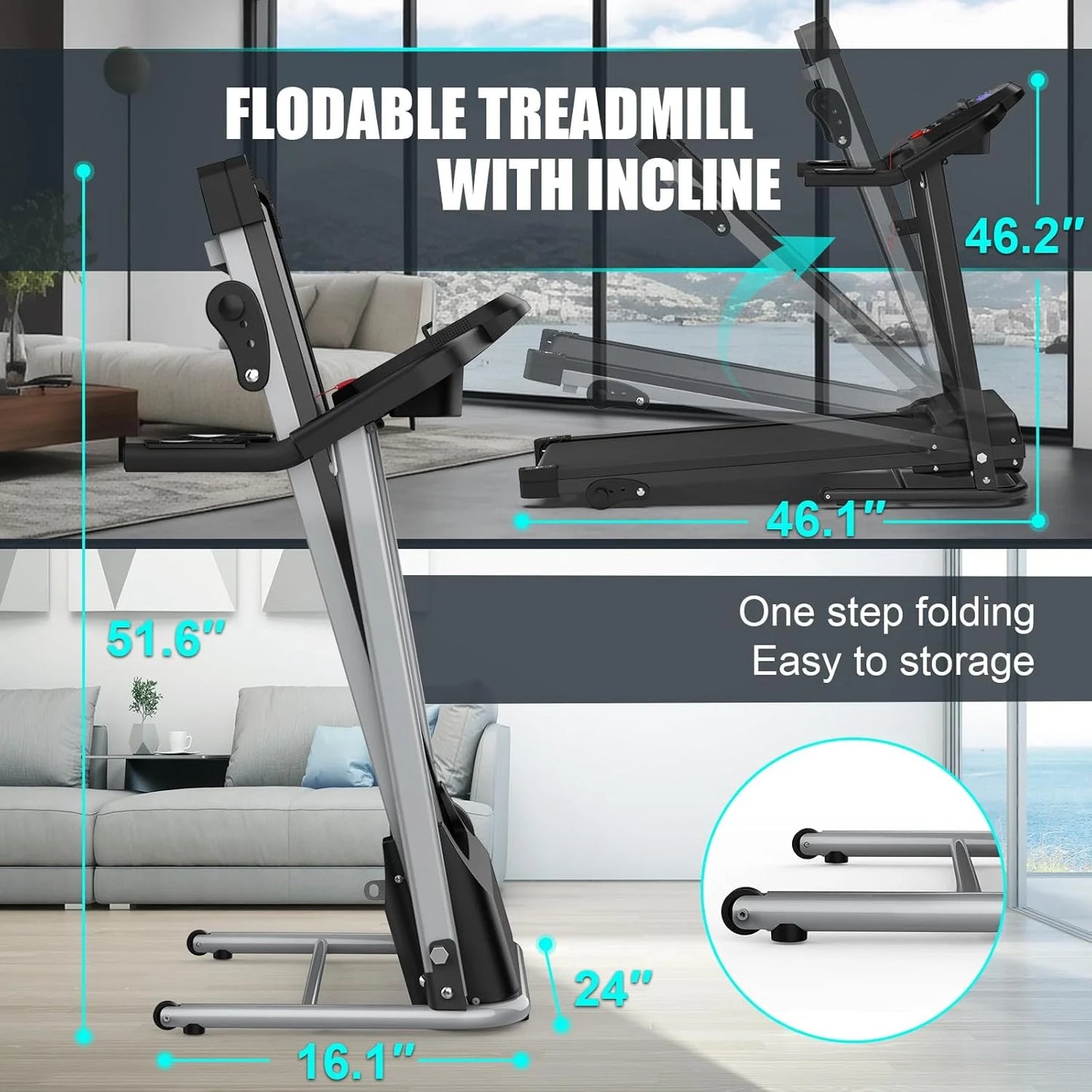 2.5HP Folding Treadmills for Home with Incline, Portable Running Machine Electric Compact Treadmills Foldable for Exercise Home Gym Fitness Walking Jogging,Max Weight265Lb