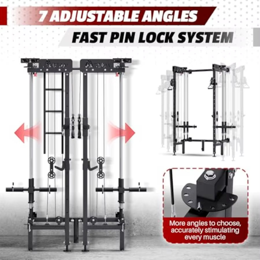 Folding Squat Rack Wall Mounted Power Rack with Cable Crossover Machine and LAT Pull down Multifunction Spacesaving Power Cage