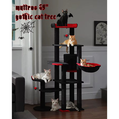 59 Gothic Cat Tree with Coffin Bed for Indoor Cats Spacious Cat Condo Featuring Cozy Hammock Spider Hanging Balls Sisal Scratch