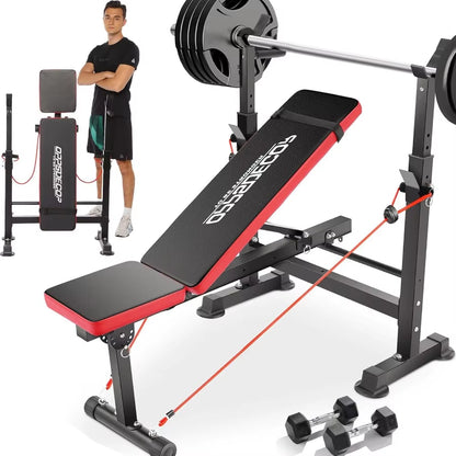 600Lbs 6-In-1 Adjustable Weight Bench Set with Integrated Squat Rack and Foldable Design for Home Gym Use Features Removable Fo